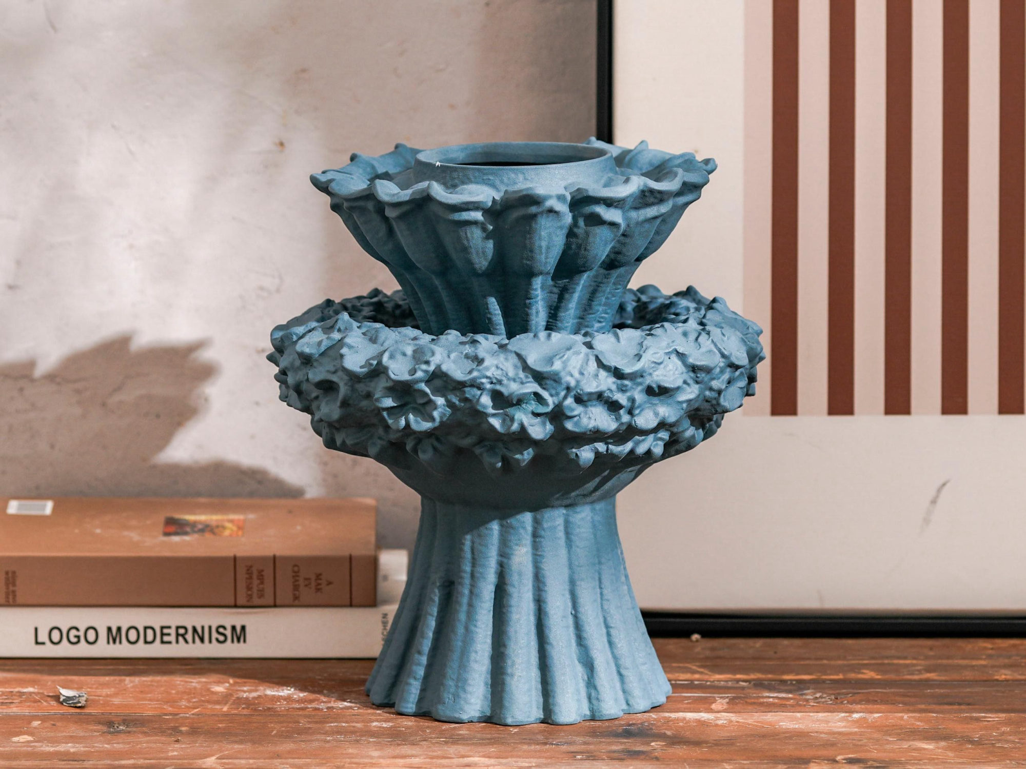 Pair of Blue Fluted Tiered Vases with Beaded Rim