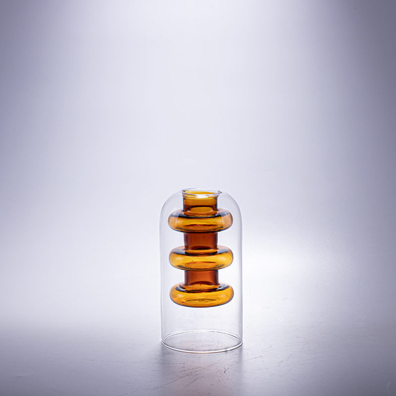 Amber Glass Stacked-Disc Sculptural Vase