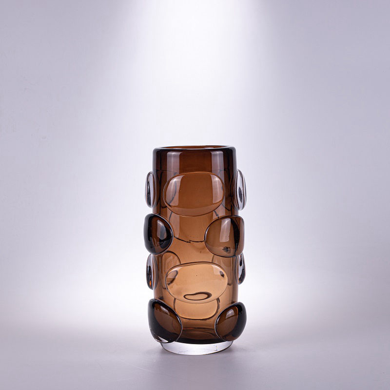 Amber Glass Vase with Circle Cutouts