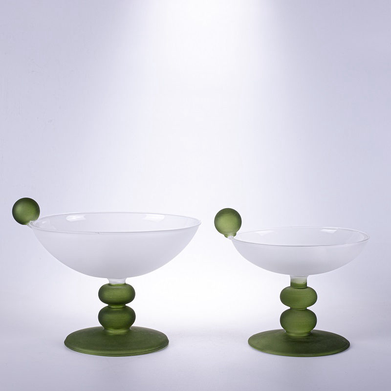 Set of 2 White Glass Coupes with Green Stem
