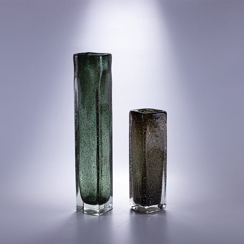 Set of 2 Ribbed Green Glass Cylinder Vases