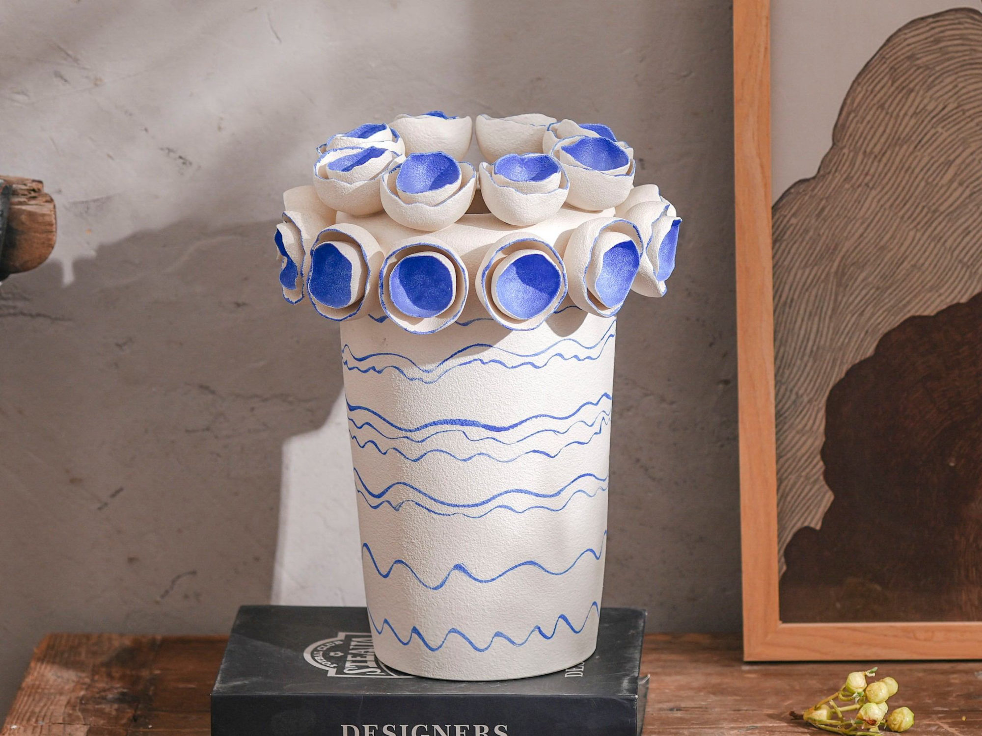 White Vase with Blue Ring Pattern