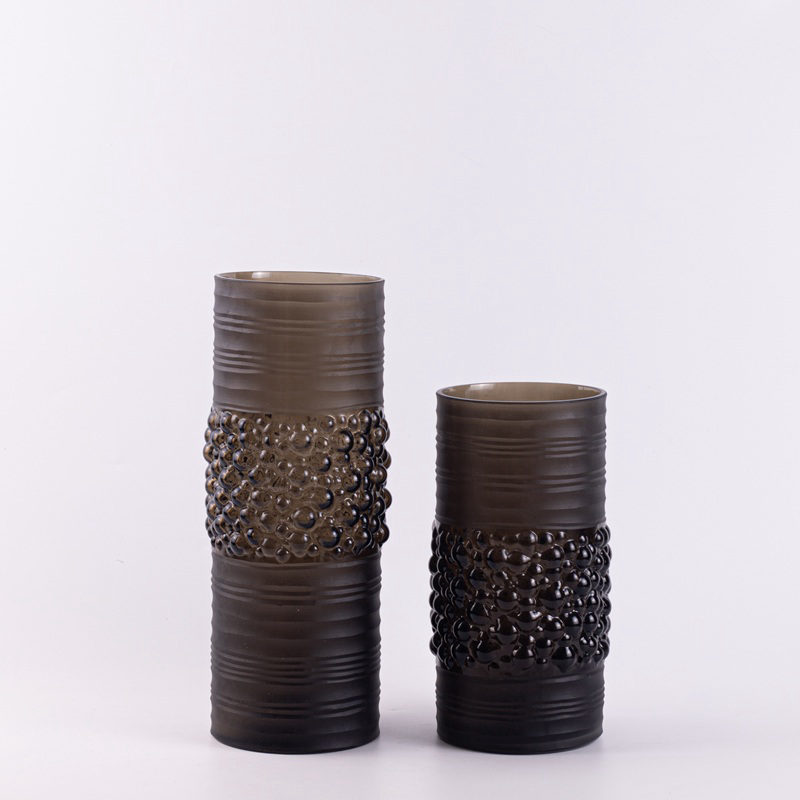 Set of 2 Bronze Beaded Glass Vases