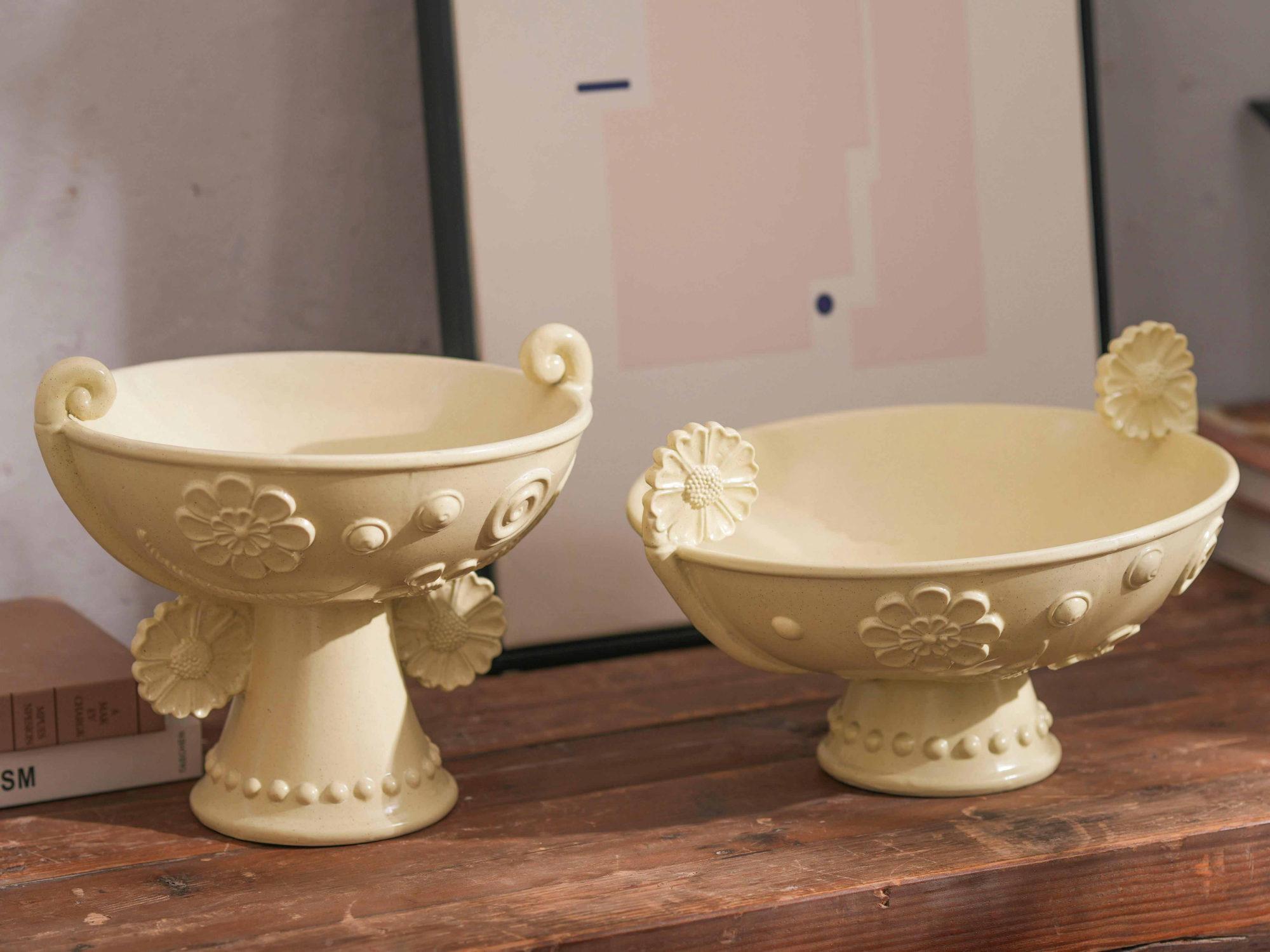 Pair of Pale Yellow Compote Bowls with Handles