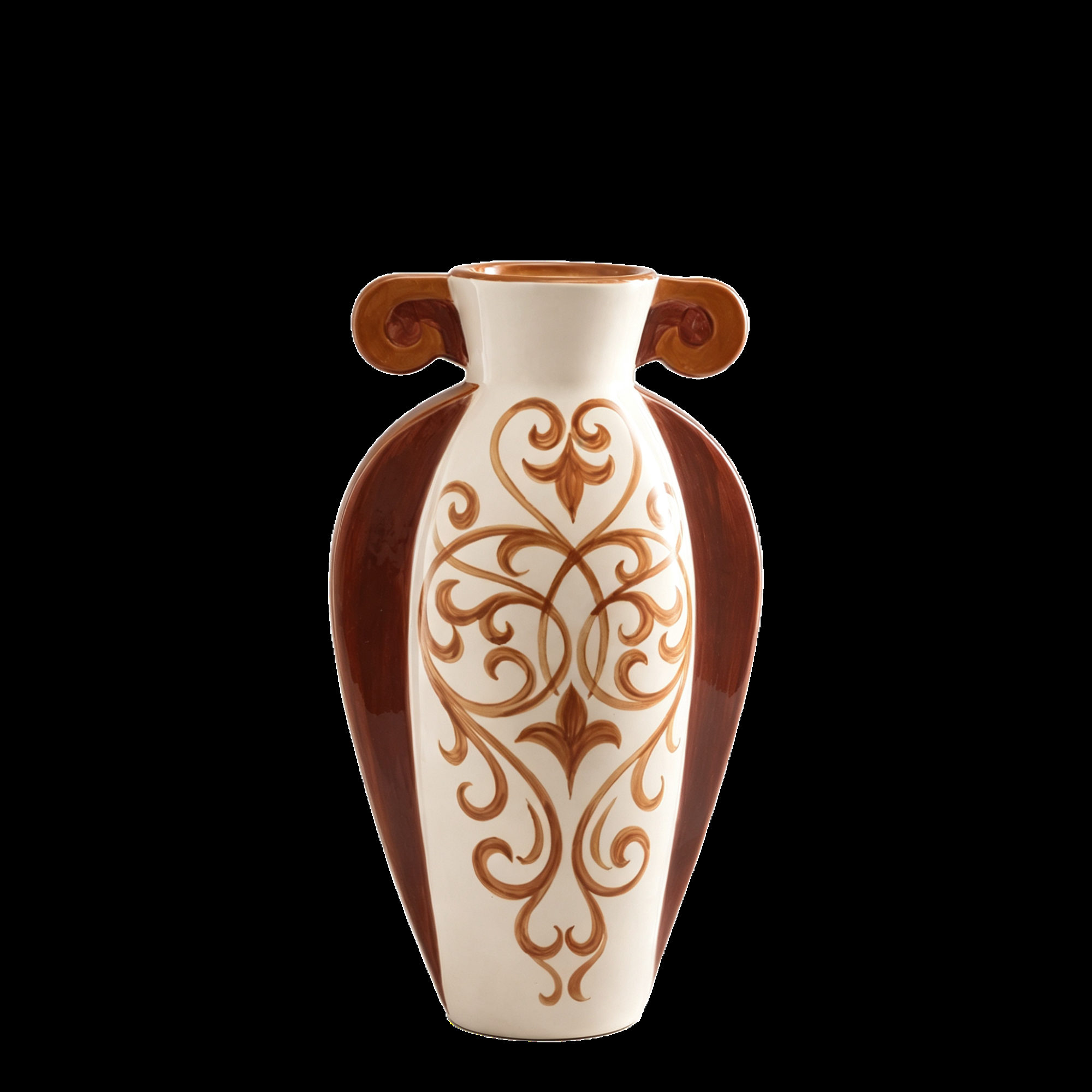 Cream Vase with Brown Scroll Pattern