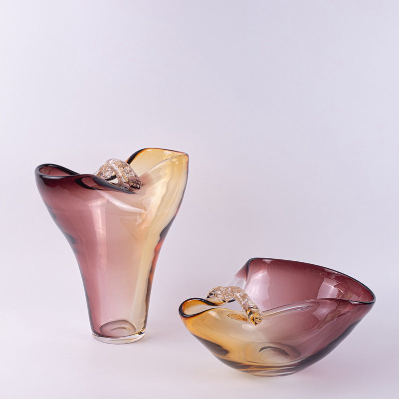 Set of 2 Pink-Amber Ombre Glass Dishes