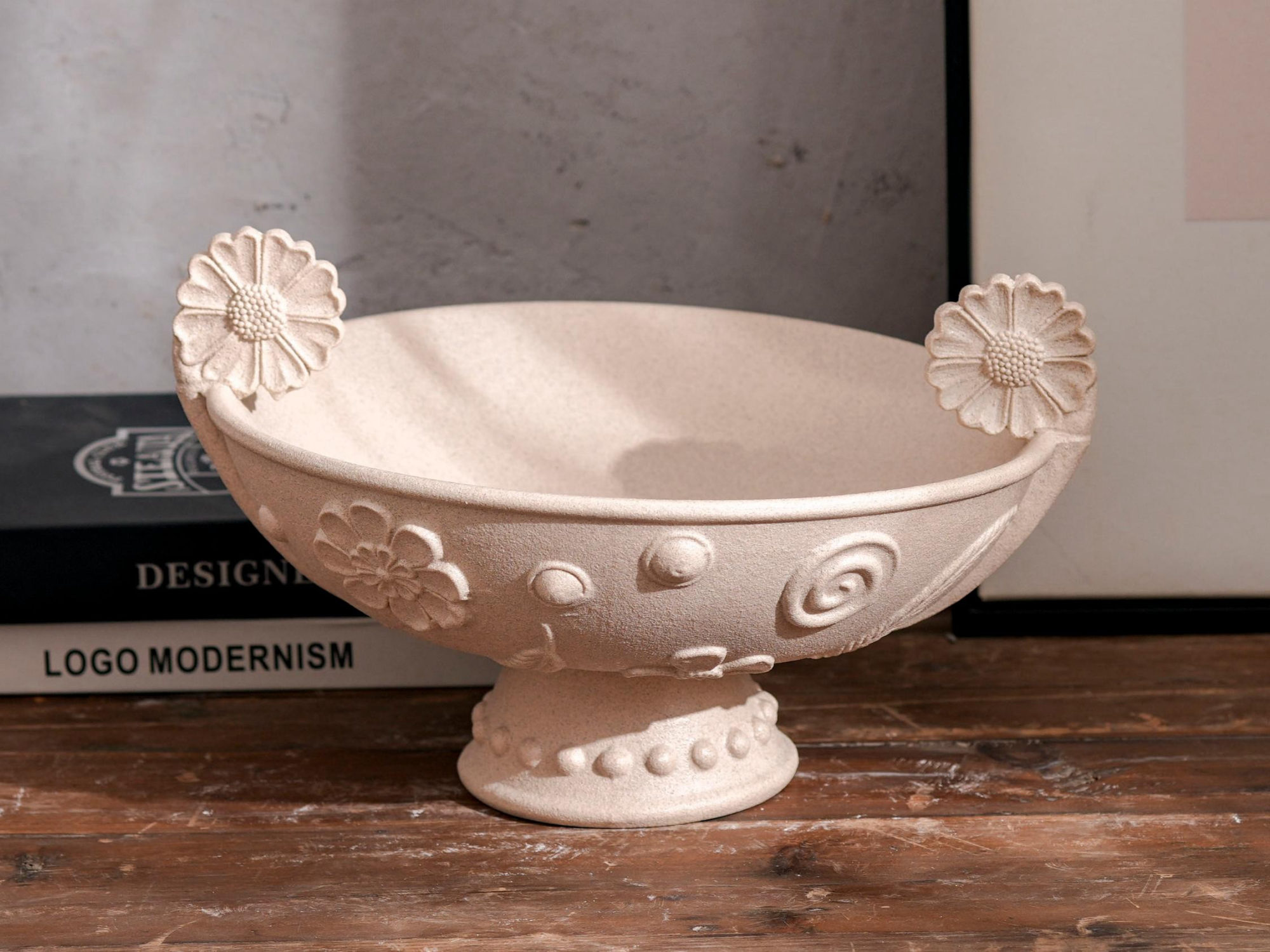 Pale Cream Compote Bowl with Scroll Handles