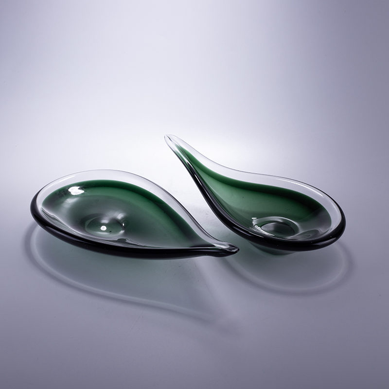 Set of 2 Teal Leaf-Shaped Glass Dishes