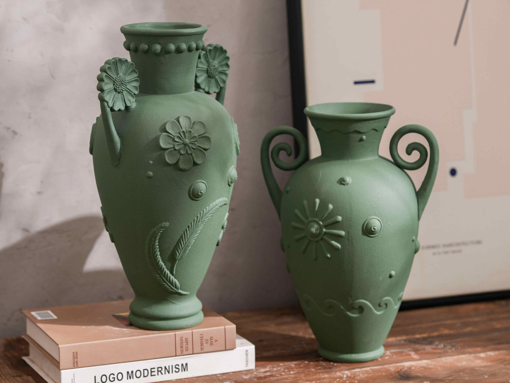 Pair of Sage Green Floral Urn Vases