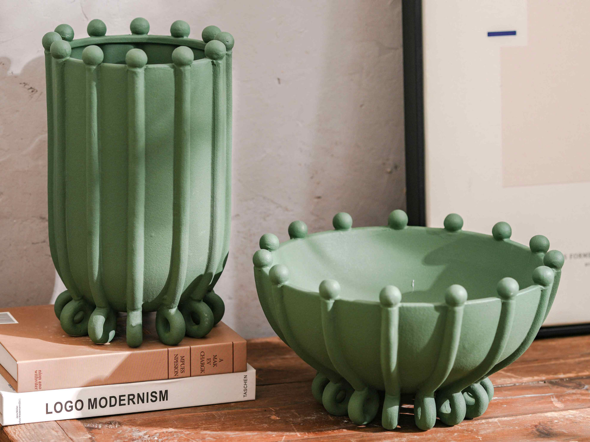 Pair of Sage Green Fluted Vases with Beaded Rim