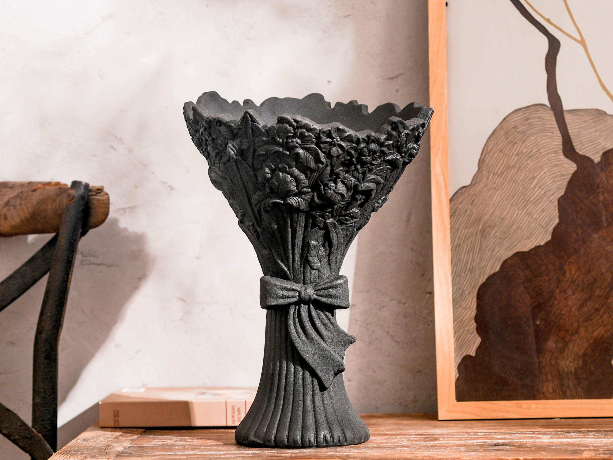 Black Floral Urn Vase with Handles