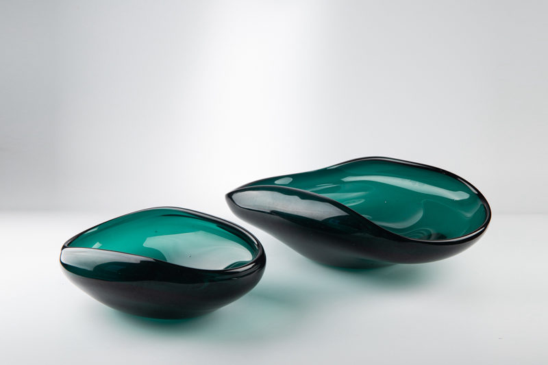 Set of 2 Teal Organic Glass Bowls