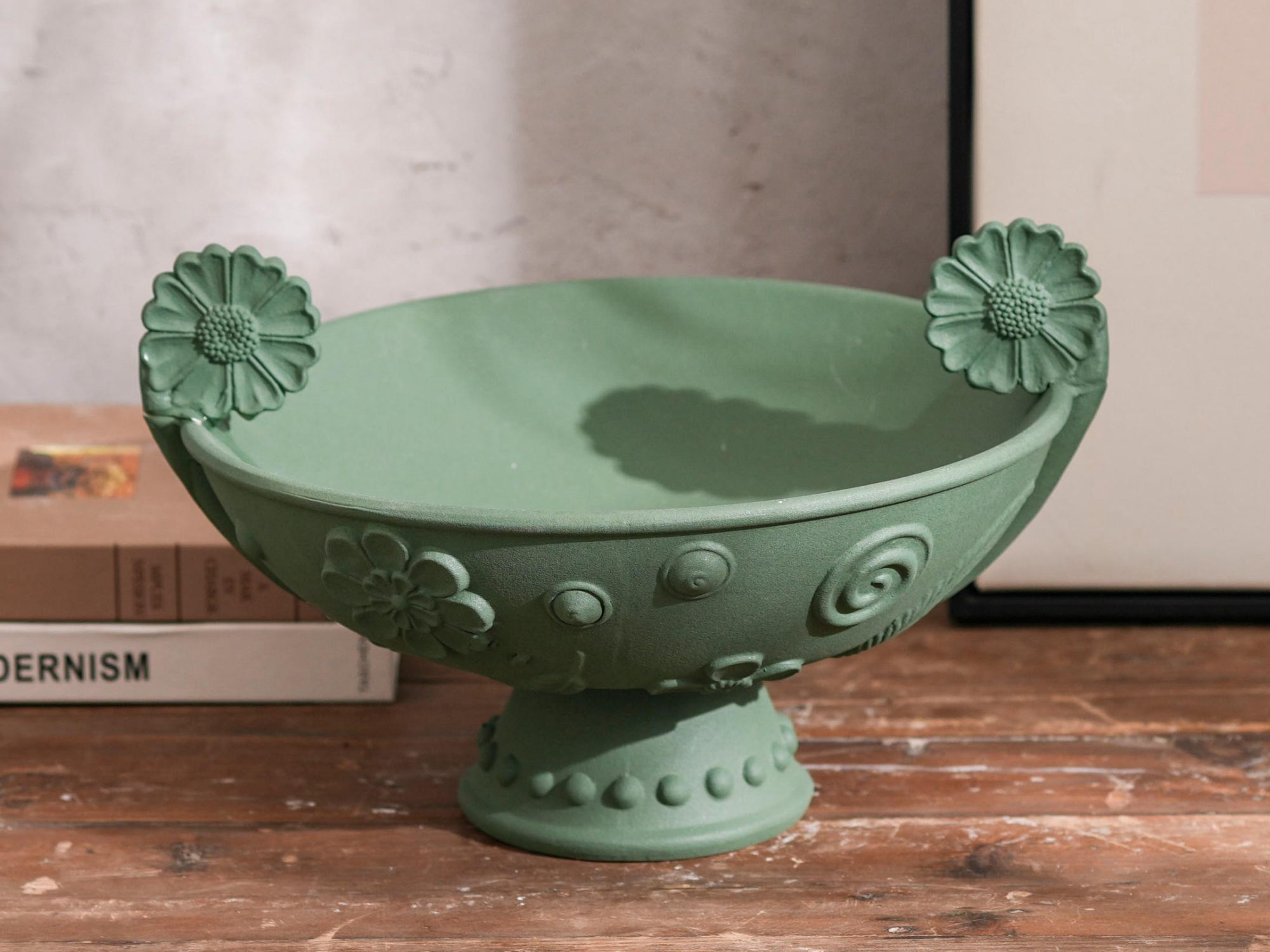 Sage Green Scalloped Pedestal Bowl