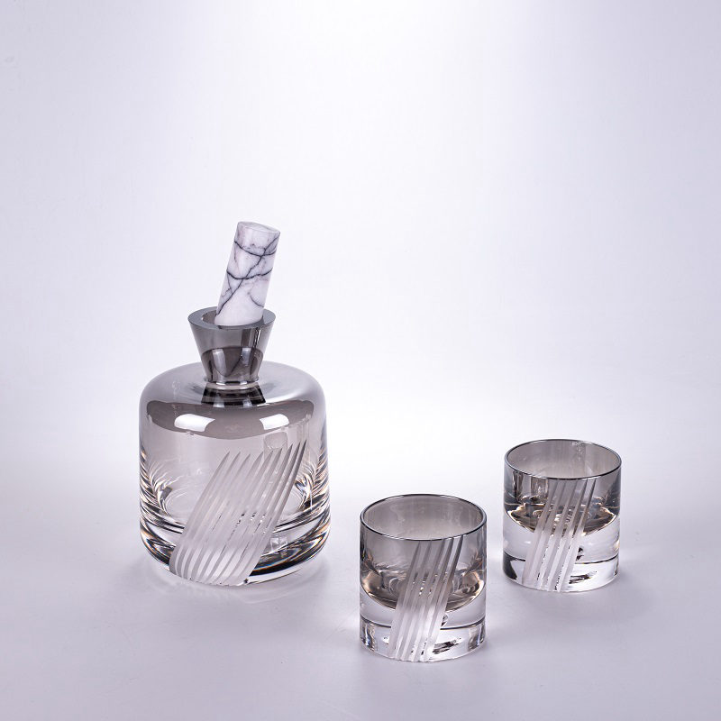 Set of Ribbed Glass Decanter and Glasses