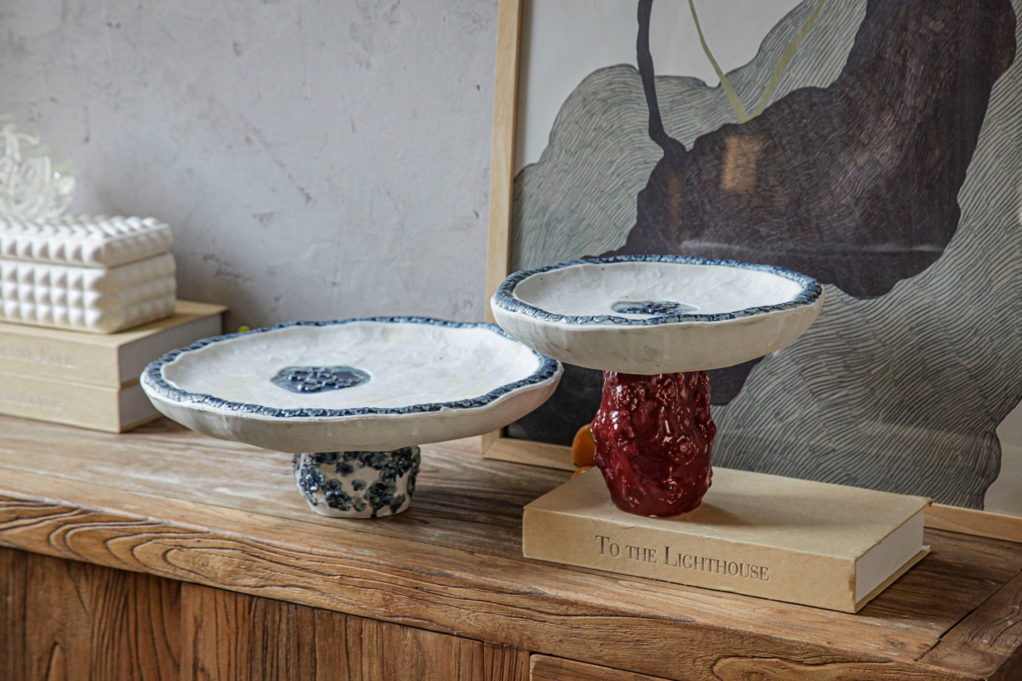White and Blue Tiered Pedestal Bowl
