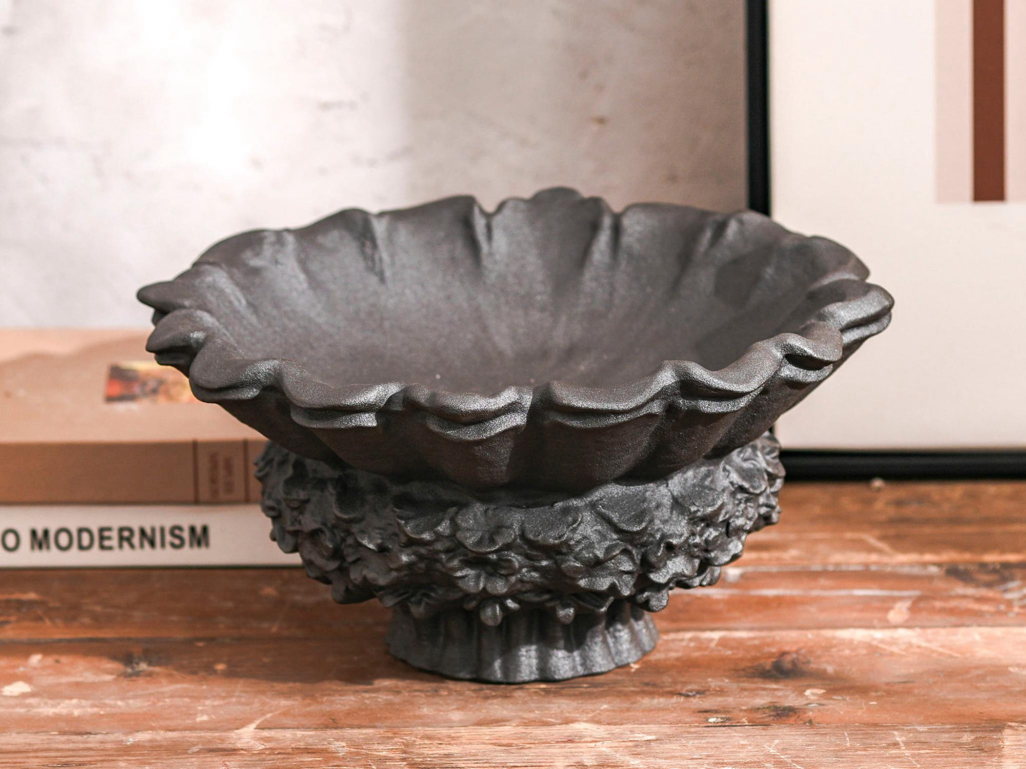Black Ribbed Pedestal Compote Bowl