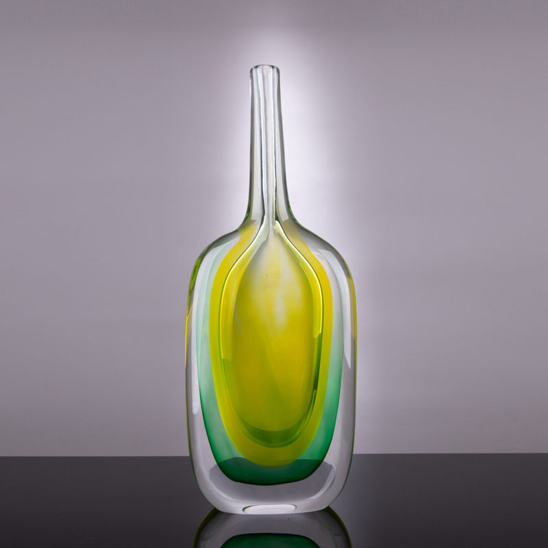 Tall Yellow and Blue Glass Bottle Vase