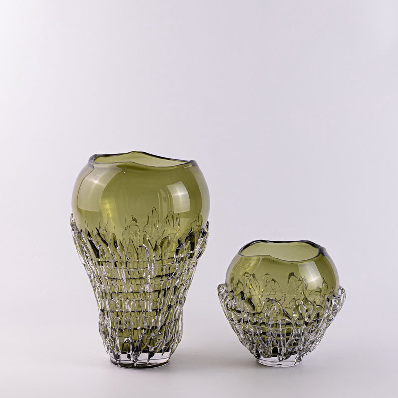 Set of 2 Olive Glass Nugget Vases