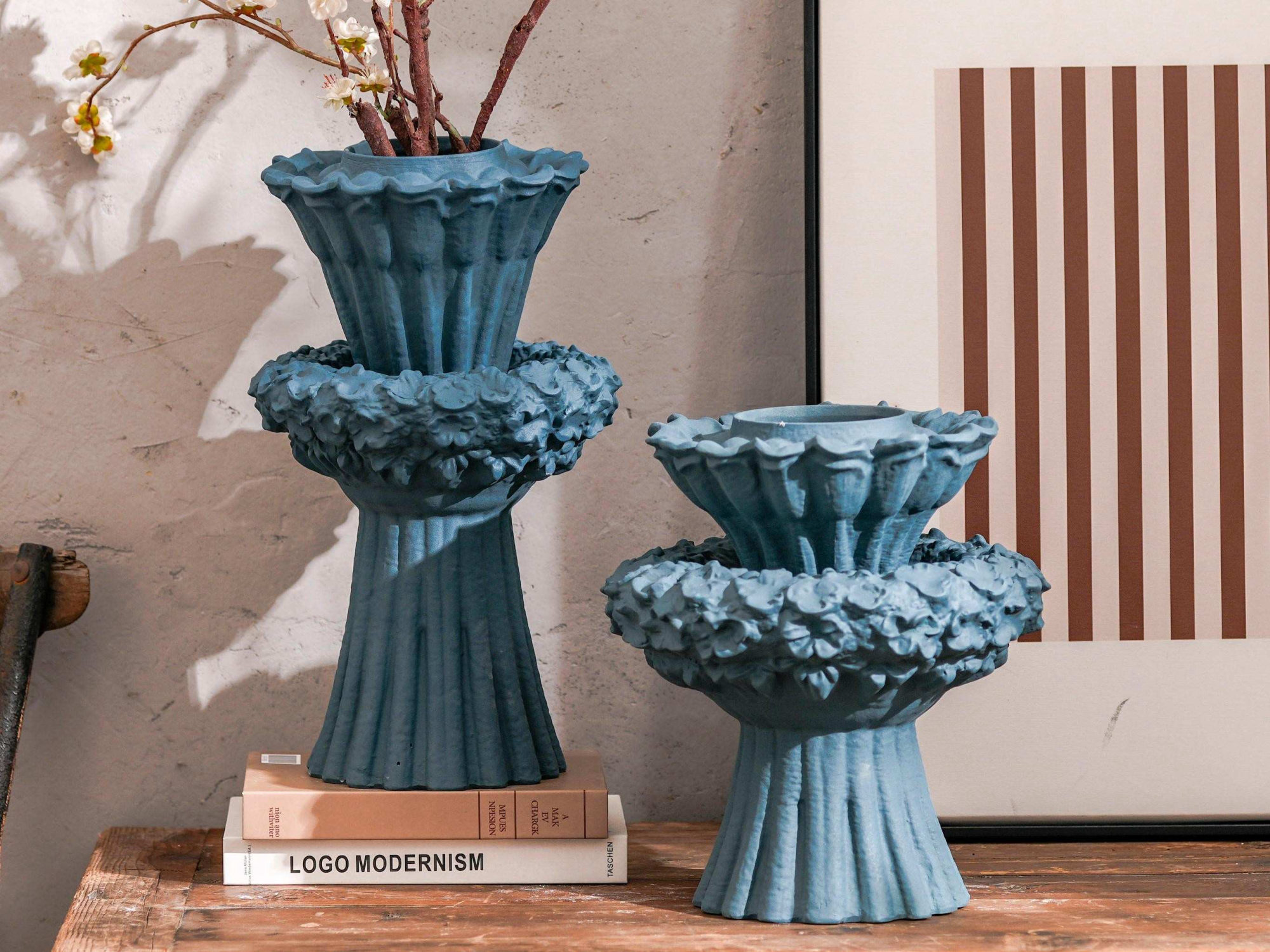 Pair of Teal Fluted Tiered Vases