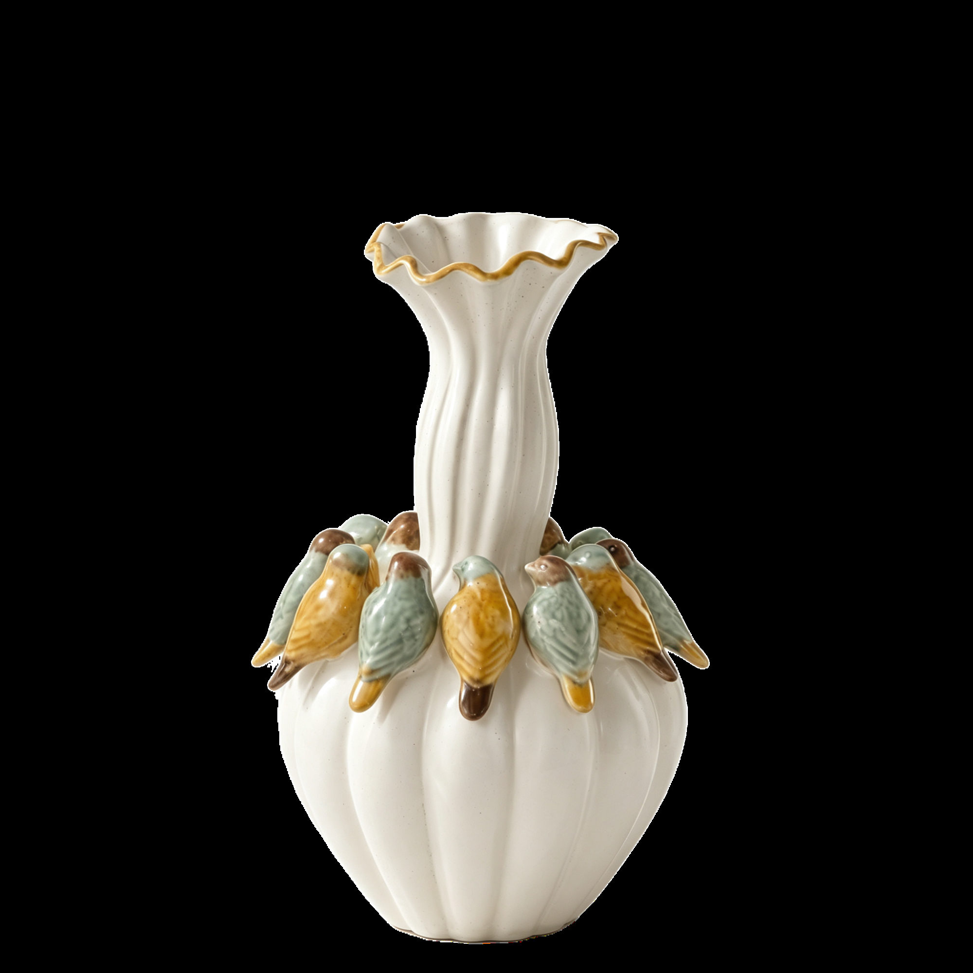 White Ruffled Vase with Gold Accents