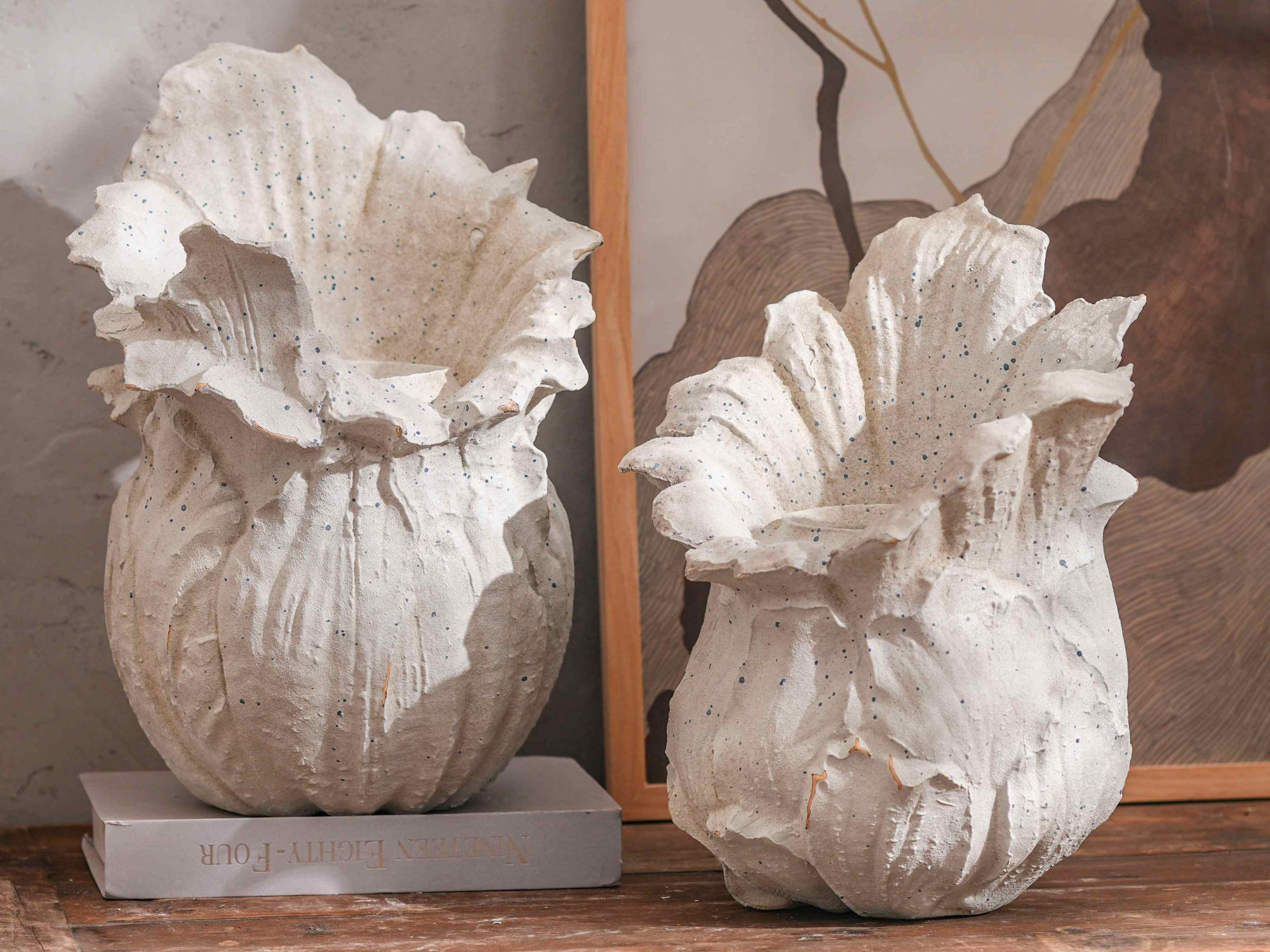 Pair of Cream Ruffled Petal Vases