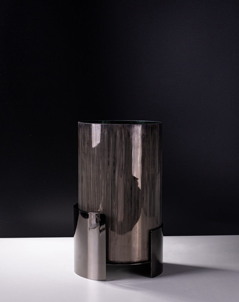 Gunmetal Ribbed Glass Cylinder Vase