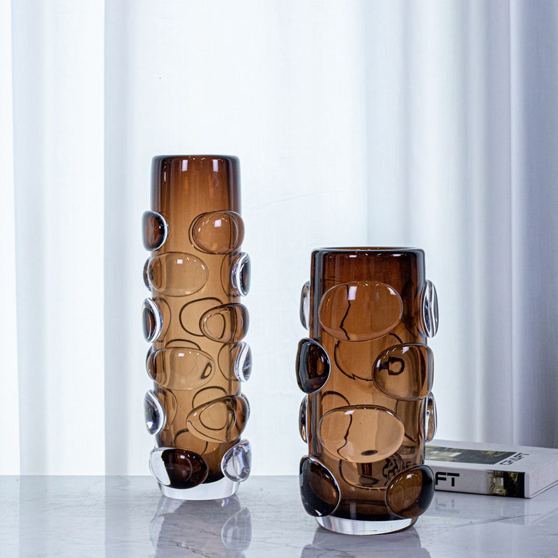 Set of 2 Bubble-Textured Amber Glass Vases